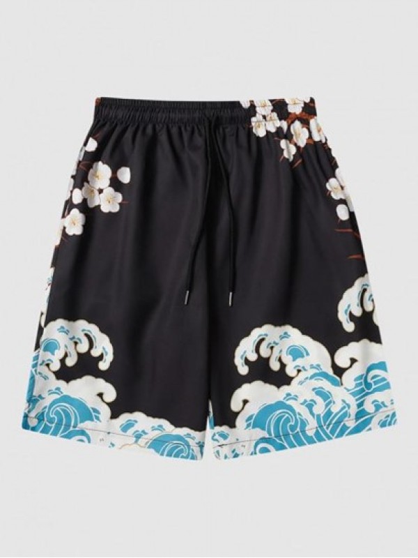 Sea Waves And Flower Print Casual Drawstring Shorts