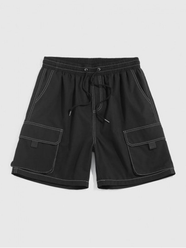 Solid Color Multi-pocket Topstitching Cargo Shorts