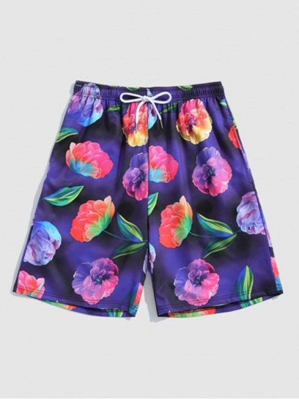 Floral Print Pocket Drawstring Beach Shorts