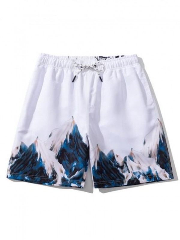 Mountain Painting Letter Print Drawstring Casual Shorts