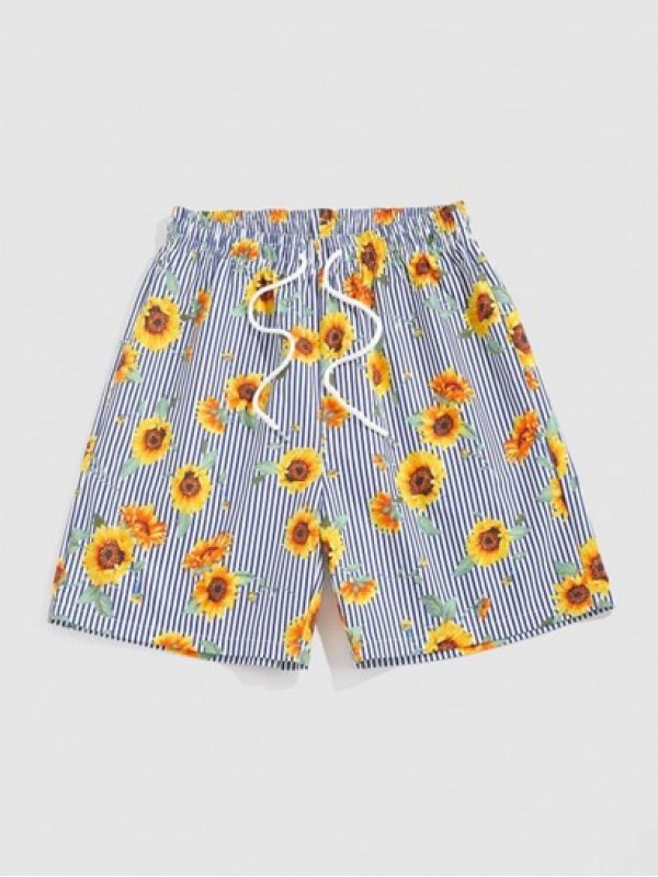 Vertical Striped Sunflower Print Board Shorts