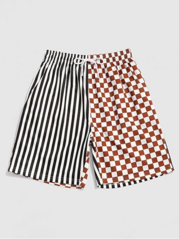 Drawstring Stripe Checkerboard Half Print Casual Shorts