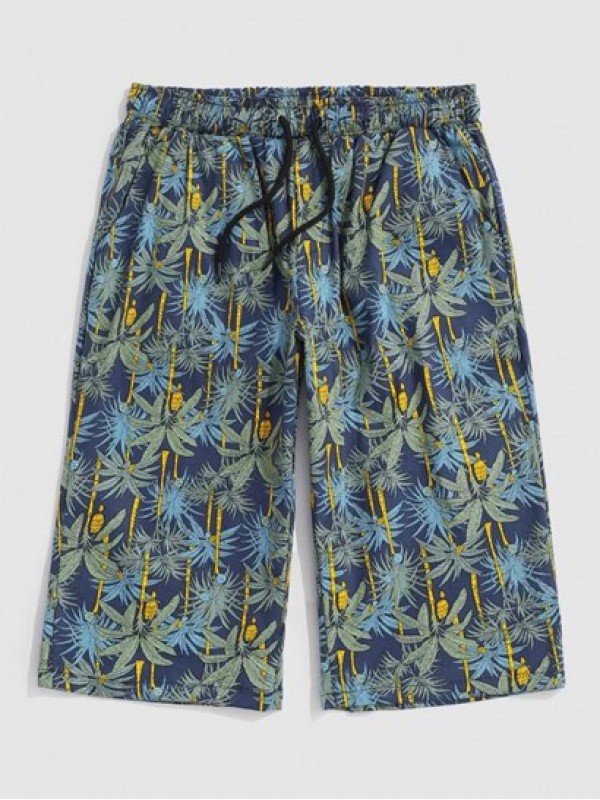 Drawstring Tropical Plant Print Beach Shorts