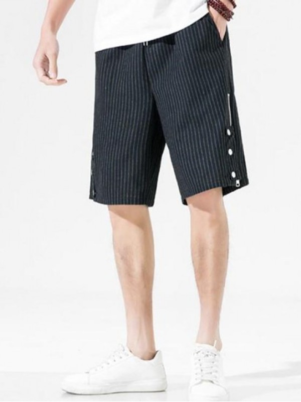 Striped Print Zipper And Button Design Drawstring Casual Shorts