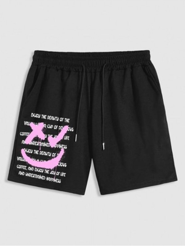 Slogan Smile Face Graphic Cotton Shorts