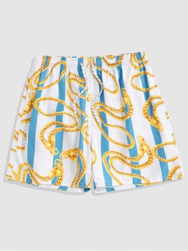 Contrasting Stripe Chain Print Vacation Shorts