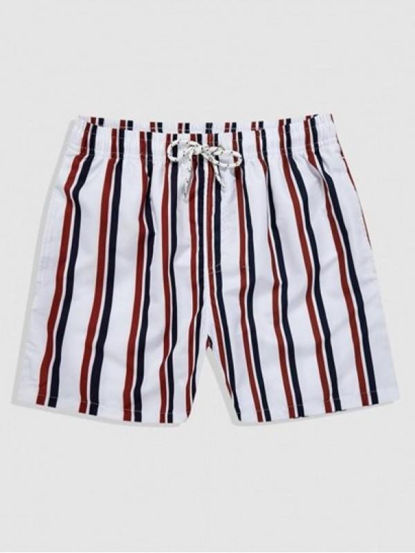 Drawstring Pockets Vertical Mixed Stripes Beach Shorts