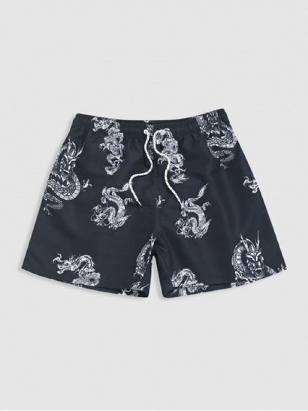 Chinese Style Dragon Print Vacation Beach Drawstring Shorts