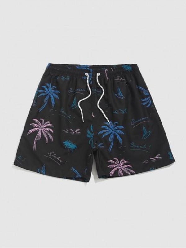 Hawaiian Letter Coconut Tree Graphic Print Drawstring Beach Shorts