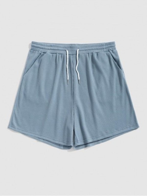 Textured Drawstring Solid Color Causal Shorts