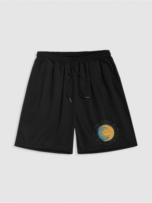 Sun And Moon Graphic Drawstring Shorts