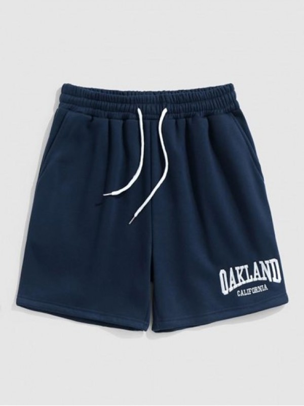 Letter OAKLAND Embroidery Fleece-lined Drawstring Blokecore Sweat Shorts