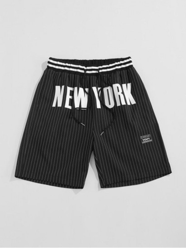 Streetwear Pinstripes NEW YORK Pattern Drawstring Shorts