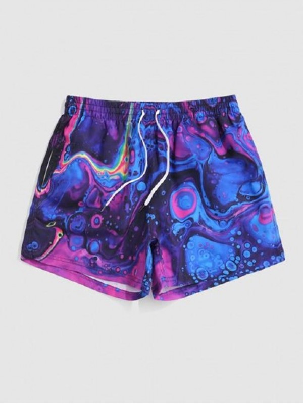 Drawstring Iridescence Print Vacation Shorts