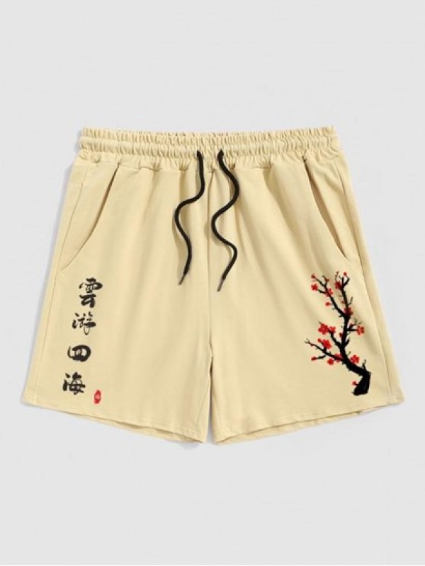 Plum Blossoms And Chinese Characters Print Shorts