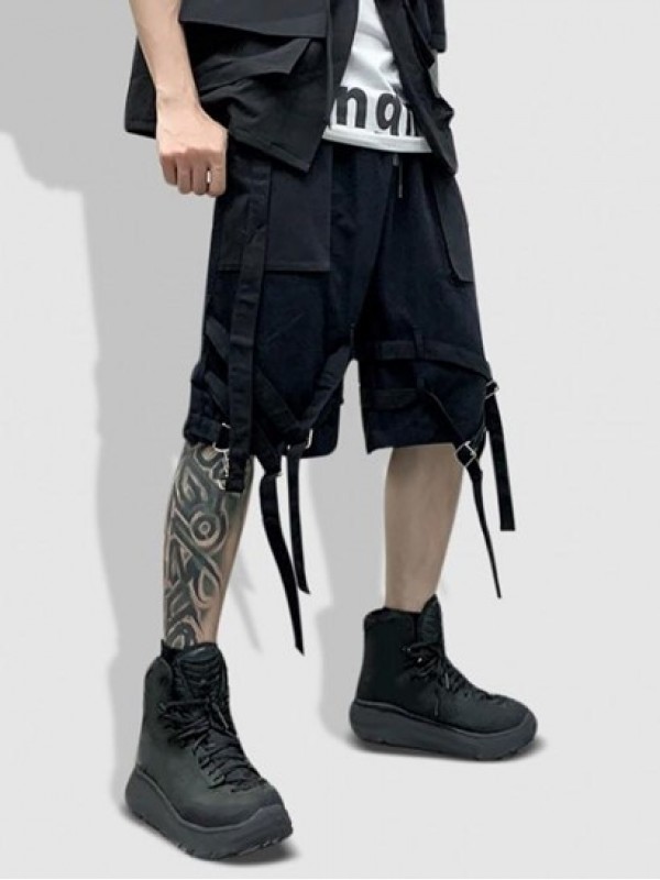 Buckle Strap Drawstring Cargo Shorts