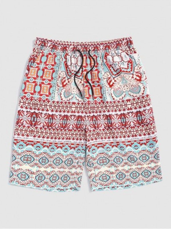 Ethnic Aztec Printed Pocket Drawstring Casual Beach Shorts