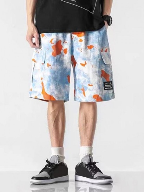 Tie Dye Print Applique Detail Streetwear Cargo Shorts