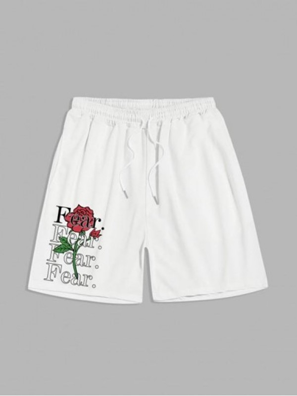 Flower And Letter Printed Drawstring Shorts