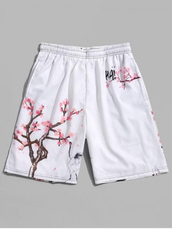 Flower Flying Crane Print Beach Shorts