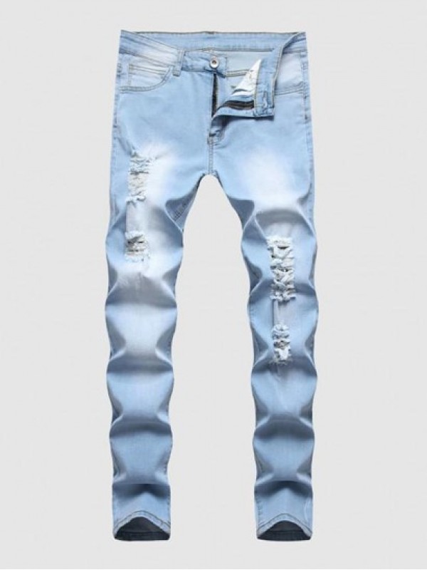 Faded Color Distressed Denim Jeans