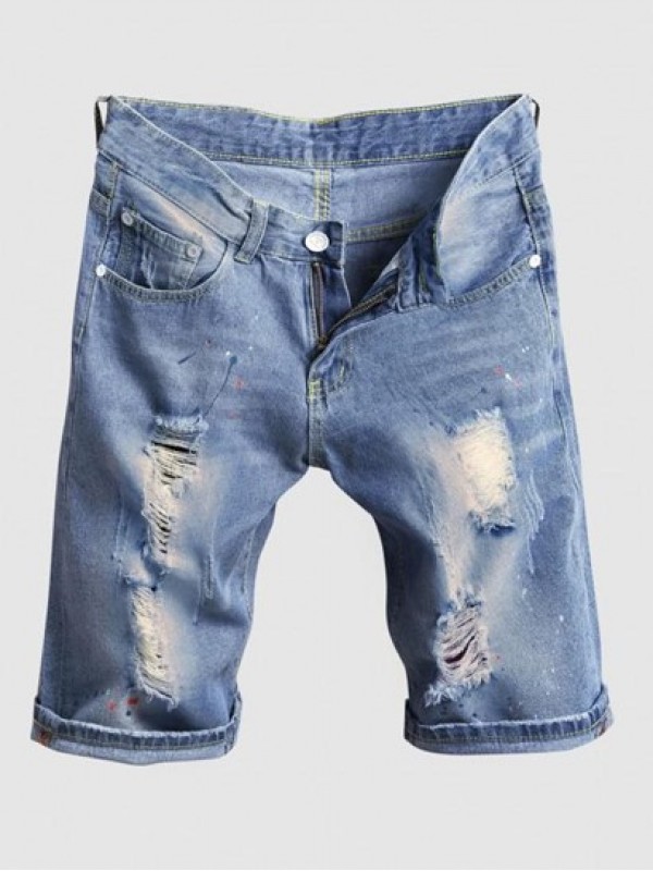 Splash Paint Pattern Destroyed Denim Shorts