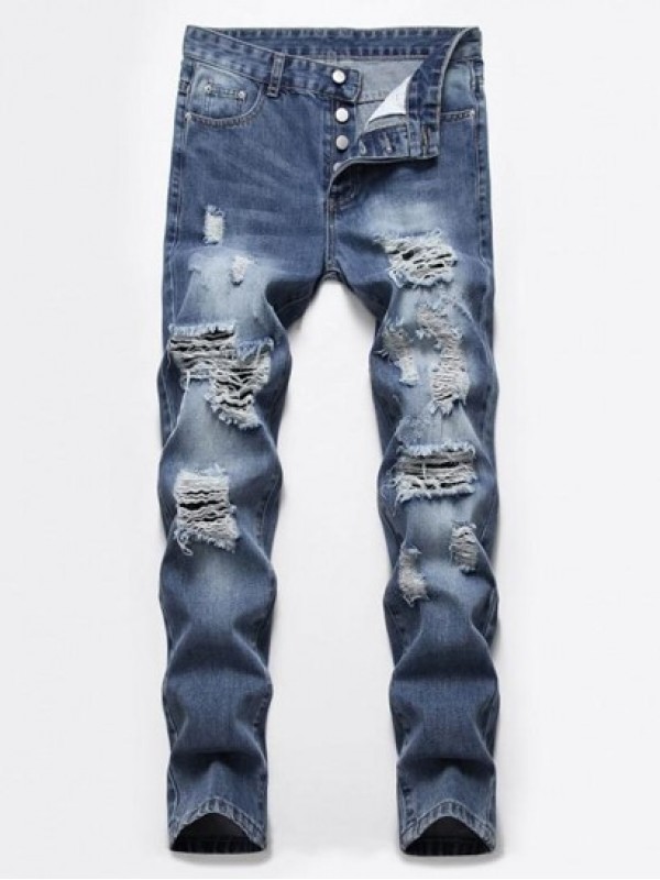 Destroyed Ripped Button Fly Skinny Jeans