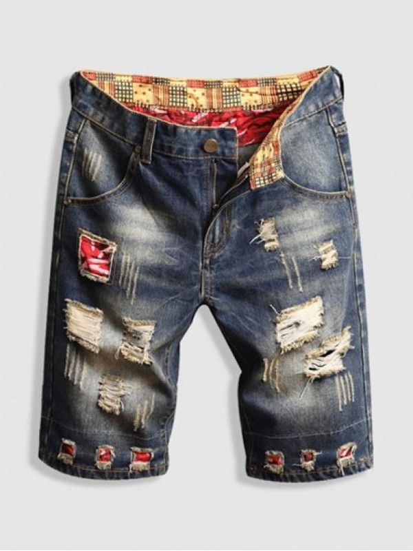 Patchwork Design Destroyed Denim Shorts