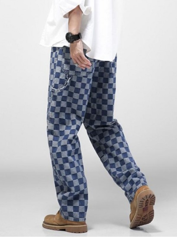 Y2K Aesthetic Checkerboard Print Straight Leg Carpenter Jeans