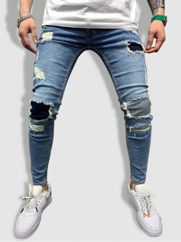 Ripped Patch Zipper Casual Jeans