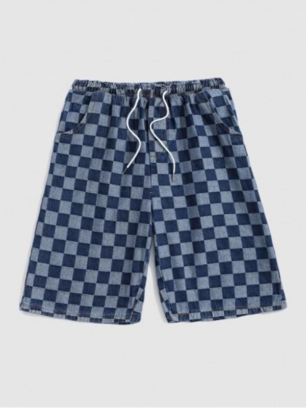 Checkerboard Pattern Drawstring Denim Shorts