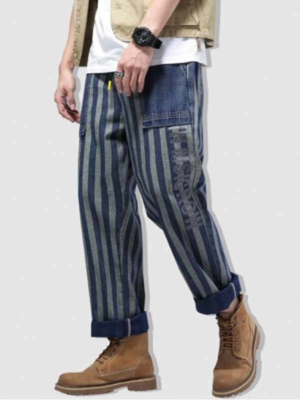 Striped Letters Print Straight Leg Jeans