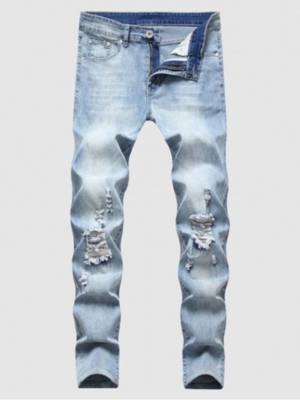 Zipper Fly Frayed Distressed Jeans