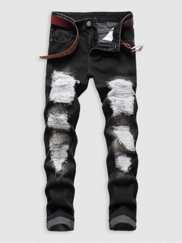 Black Ripped Zipper Fly Pockets Jeans