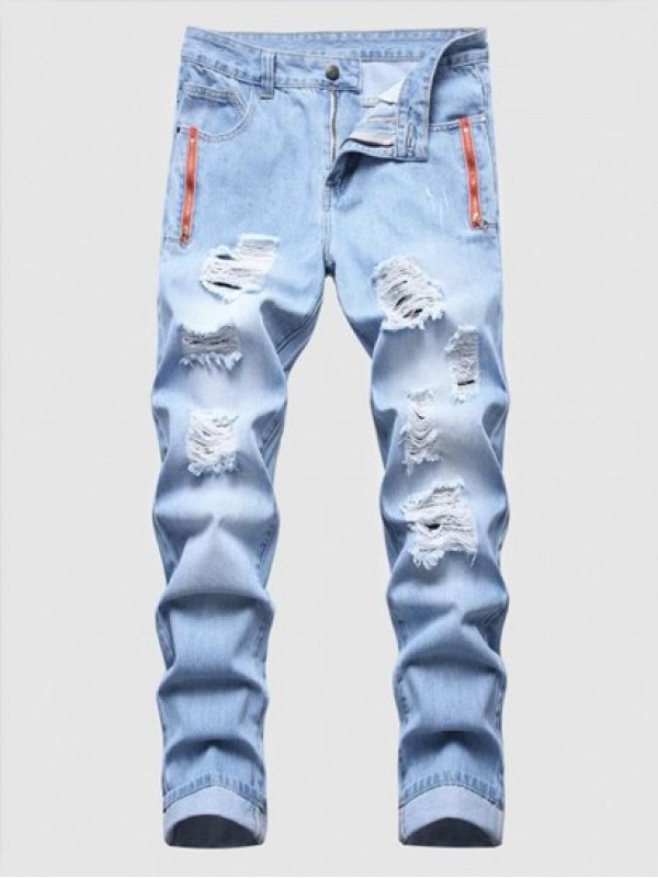 Zipper Embellishment Light Wash Ripped Jeans