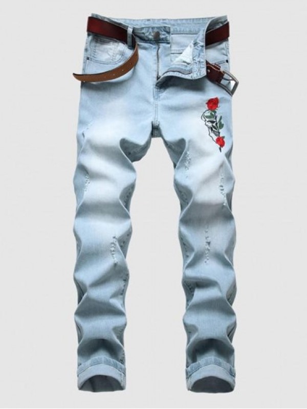 Ripped Rose Embroidery Zipper Fly Jeans