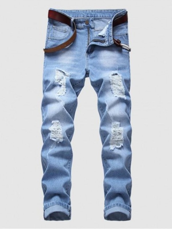 Destroyed Design Zipper Fly Cuffed Jeans