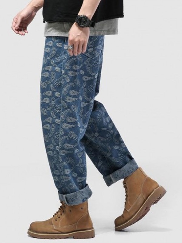 Straight Leg Paisley Flower Print Y2K Aesthetic Jeans