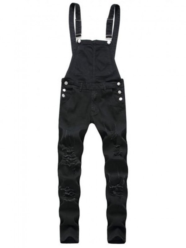 Solid Color Ripped Zipper Denim Overalls