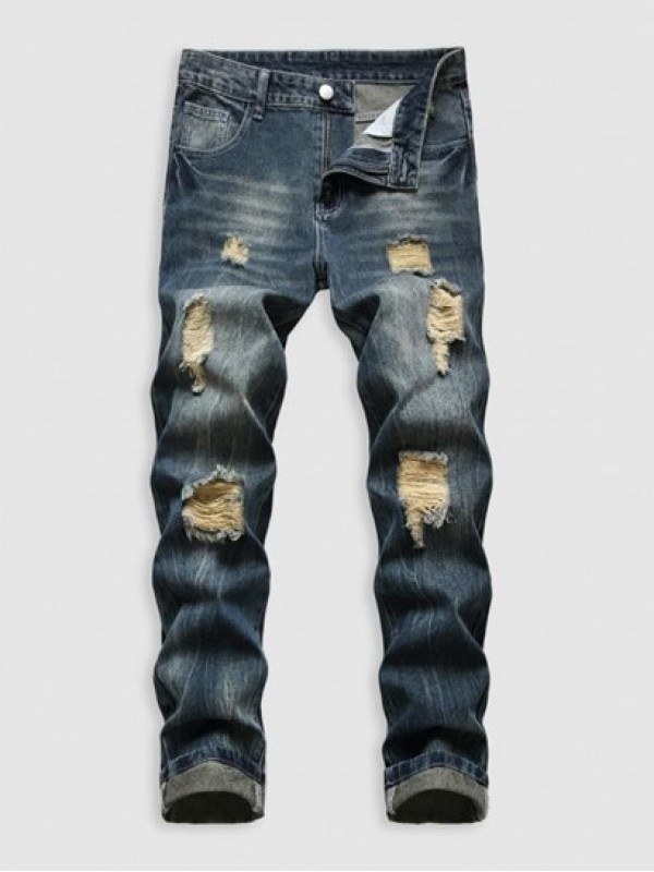 Retro Ripped Pockets Zipper Fly Jeans