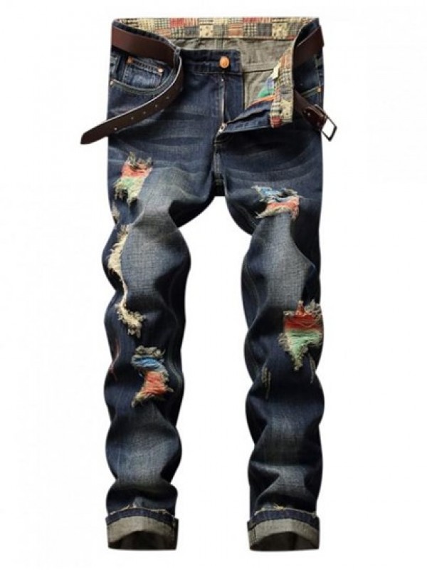 Colorful Destroy Wash Scratch Long Casual Ripped Jeans