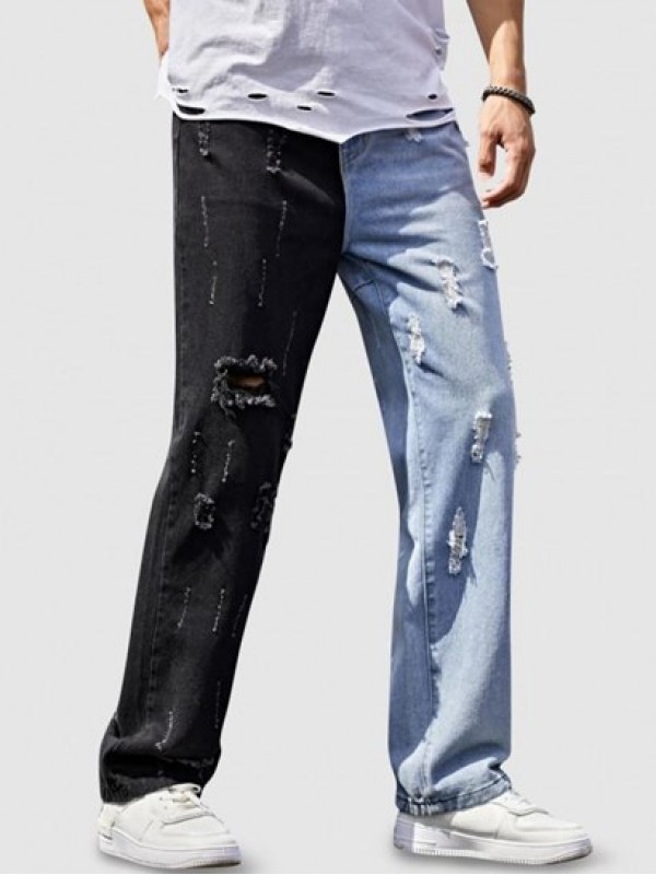 Ripped Straight Leg Two Tone Jeans