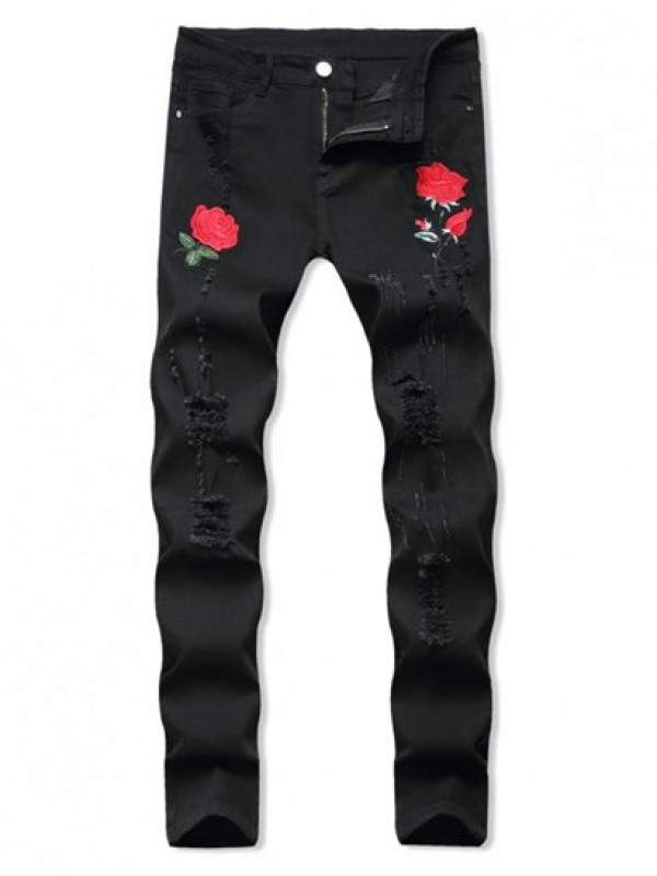 Rose Floral Embroidered Ripped Design Skinny Jeans