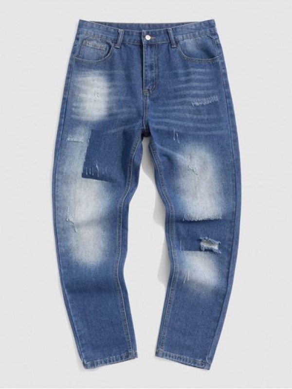 Ripped Colorblock Tapered Jeans