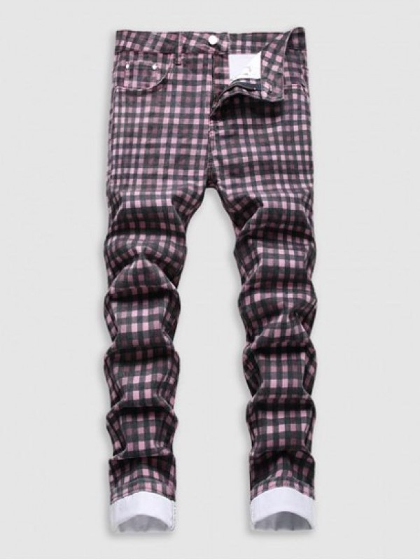 Plaid Print Pockets Zipper Retro Jeans