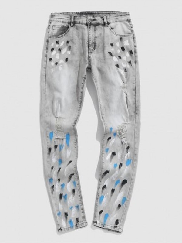 Splatter Paint Distressed Zipper Fly Jeans