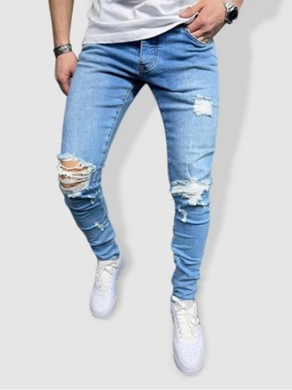 Distressed Frayed Slim Fit Tapered Jeans