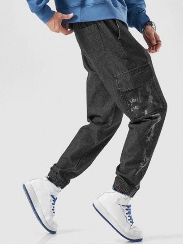 Contrast Letter Embroidery Joggers Jeans