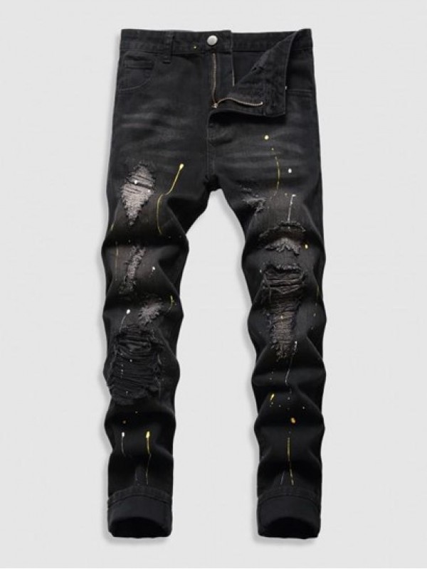 Frayed Paint Splatter Drippy Jeans