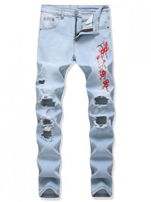 Floral Embroidery Destroy Wash Distressed Long Jeans